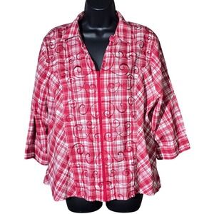 Rebecca Malone Red White Plaid‎ Zip Front Embroidered Shirt Women's XL